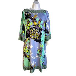 COCOMO Dress‎ Womens 3/4 Bell Sleeve Blue Green Floral Hippie Paisley Sz Medium